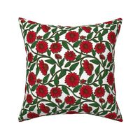 Block Print Coneflower Christmas Red and Green wih Faux Gold on White