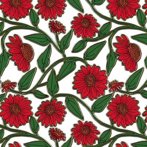 Block Print Coneflower Christmas Red and Green wih Faux Gold on White