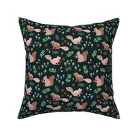 Little squirrel woodland friends mushroom toadstools leaves and acorns kids design blue green on black