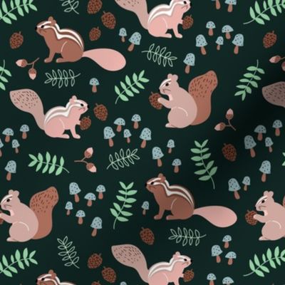 Little squirrel woodland friends mushroom toadstools leaves and acorns kids design blue green on black