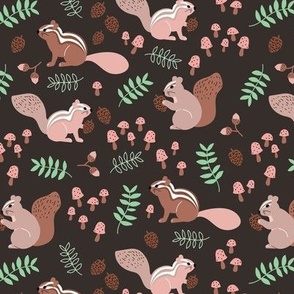 Little squirrel woodland friends mushroom toadstools leaves and acorns kids design mint blush brown on hazelnut 