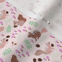 Little squirrel woodland friends mushroom toadstools leaves and acorns kids design green pink on blush girls  SMALL 