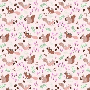 Little squirrel woodland friends mushroom toadstools leaves and acorns kids design green pink on blush girls  SMALL 