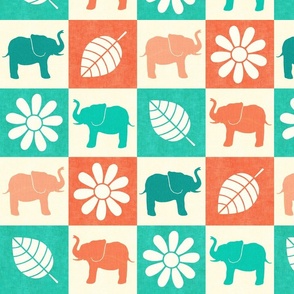 Tangerine and Mint Green Elephant Checkerboard
