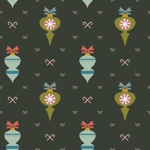 Medium Retro Christmas Ornaments and Candy Canes on Dark Olive
