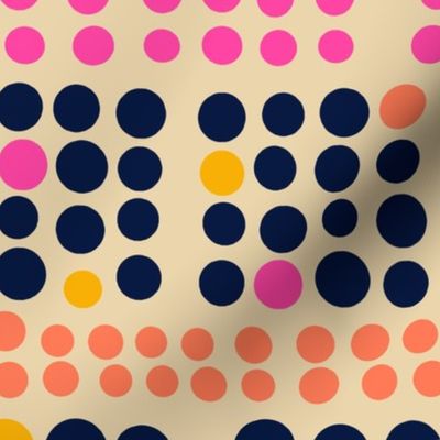 Stamped Dots Polka Dot Mid-Century Modern Retro Blockprint in Hot Pink Orange Blue on Sand - MEDIUM Scale - UnBlink Studio by Jackie Tahara