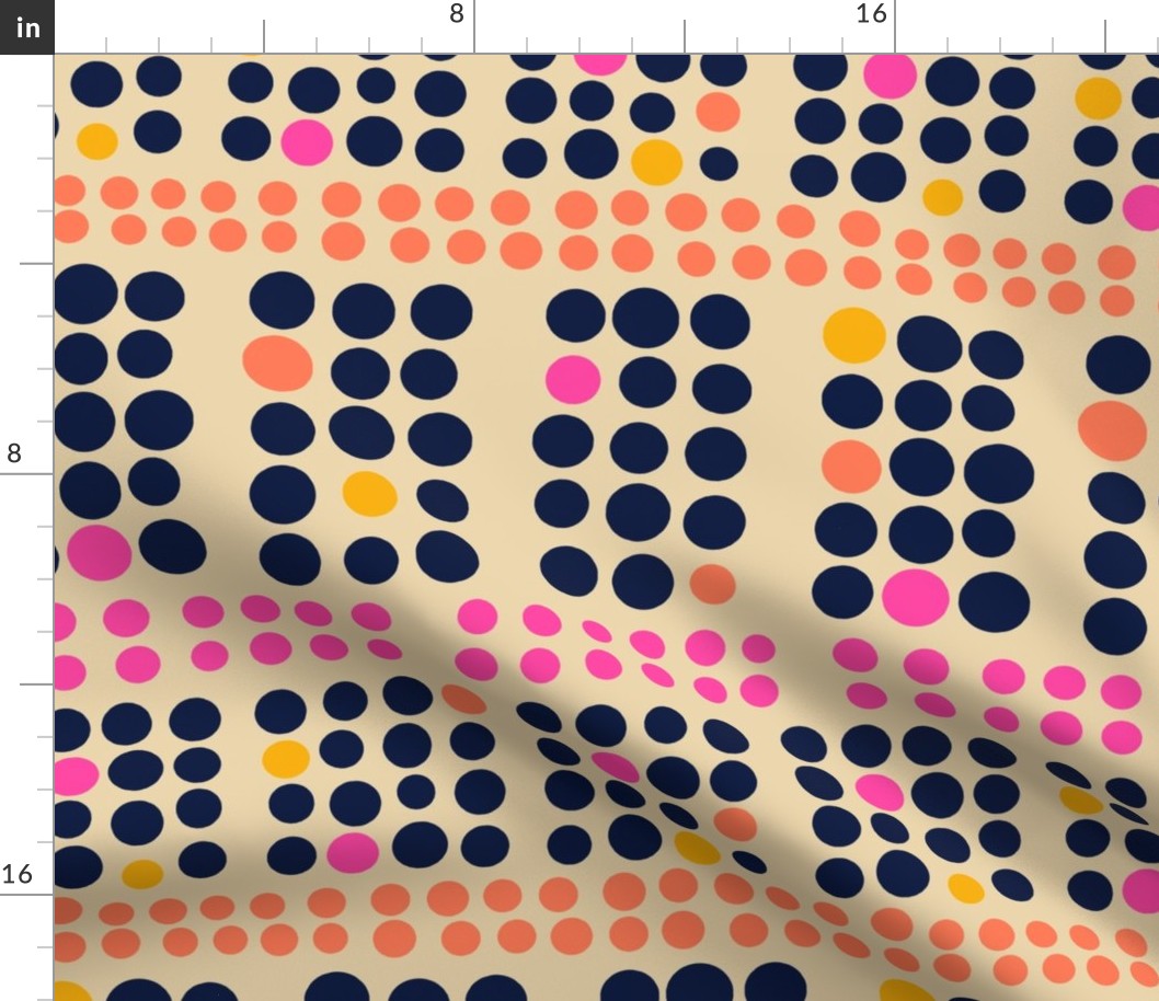 Stamped Dots Polka Dot Mid-Century Modern Retro Blockprint in Hot Pink Orange Blue on Sand - MEDIUM Scale - UnBlink Studio by Jackie Tahara