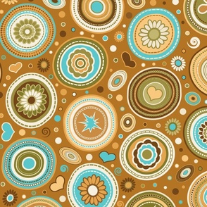 Mid Century Modern (MCM) Funky Circles // Retro Geometric // Flowers, Hearts, Dots, Swirls, Ovals // Turquoise, Caramel Brown, Goldenrod, Mustard Yellow, Chocolate Brown, Khaki Tan, Cream, Green // Medium Scale - 428 DPI