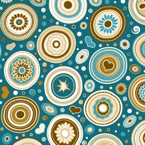 Mid Century Modern (MCM) Funky Circles // Retro Geometric // Flowers, Hearts, Dots, Swirls, Ovals // Caribbean Blue,  Ocean Blue, Turquoise, Caramel Brown, Chocolate Brown, Khaki, Tan, Cream, White // V1 // Medium Scale - 428 DPI