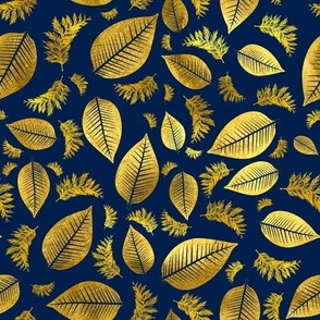 Gold Leaves and Branches Blue Background