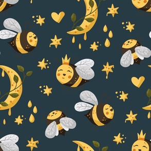 Honey bee and star and moon, cute kids design