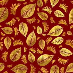Gold Leaves and Branches Red Background