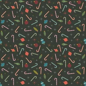Medium Retro Candy Canes and Christmas Ornaments on Dark Olive Green