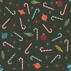 Colorful Retro Candy Canes and Christmas Ornaments on Dark Olive Green