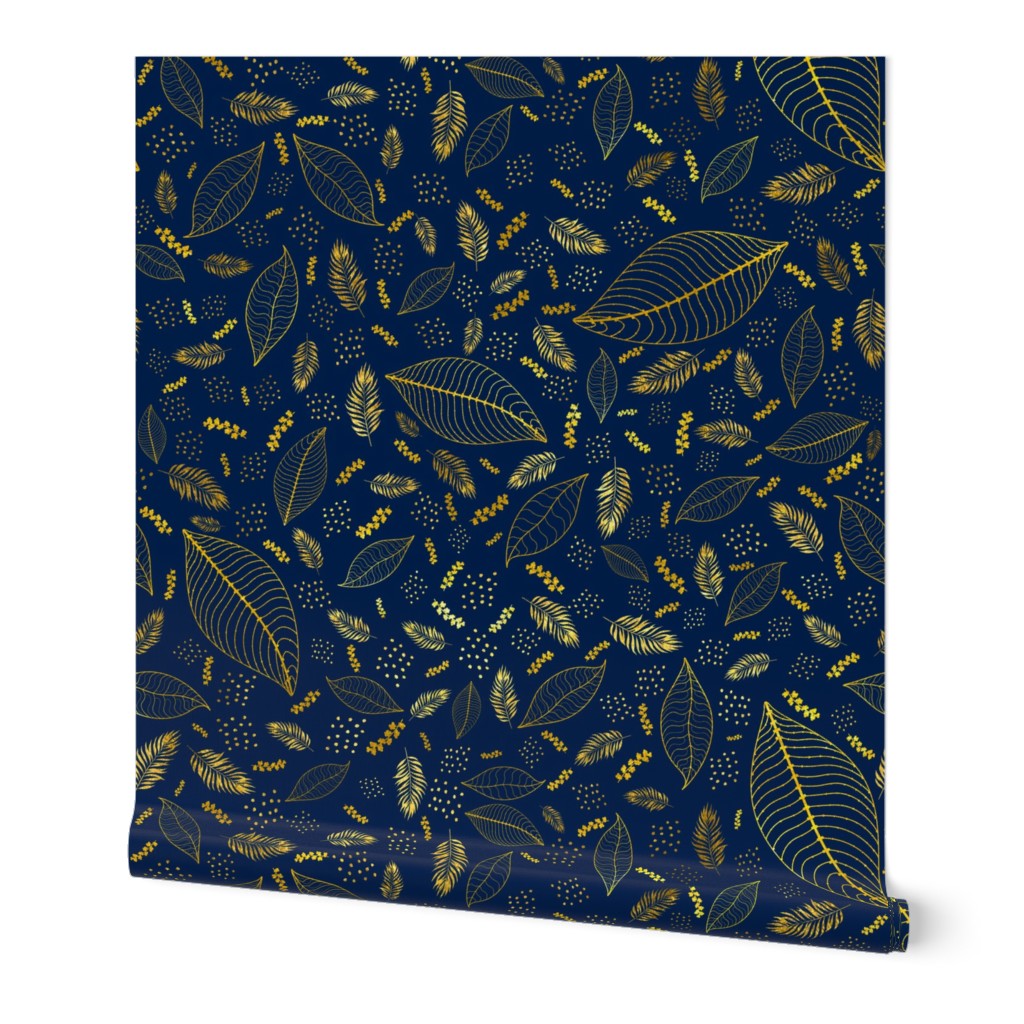 Golden Thin Floral Pattern Blue Background