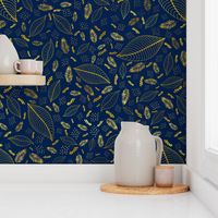 Golden Thin Floral Pattern Blue Background