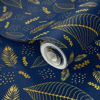 Golden Thin Floral Pattern Blue Background