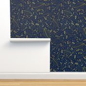 Golden Thin Floral Pattern Blue Background