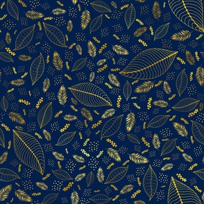 Golden Thin Floral Pattern Blue Background