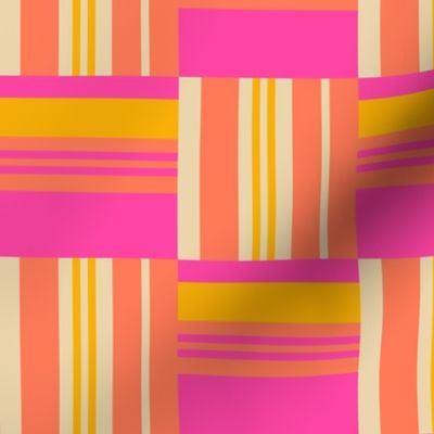 Warp and Weft Woven Abstract Geometric Checkerboard Horizontal Vertical Stripes in Hot Pink Papaya Orange Marigold Yellow Sand - MEDIUM Scale - UnBlink Studio by Jackie Tahara