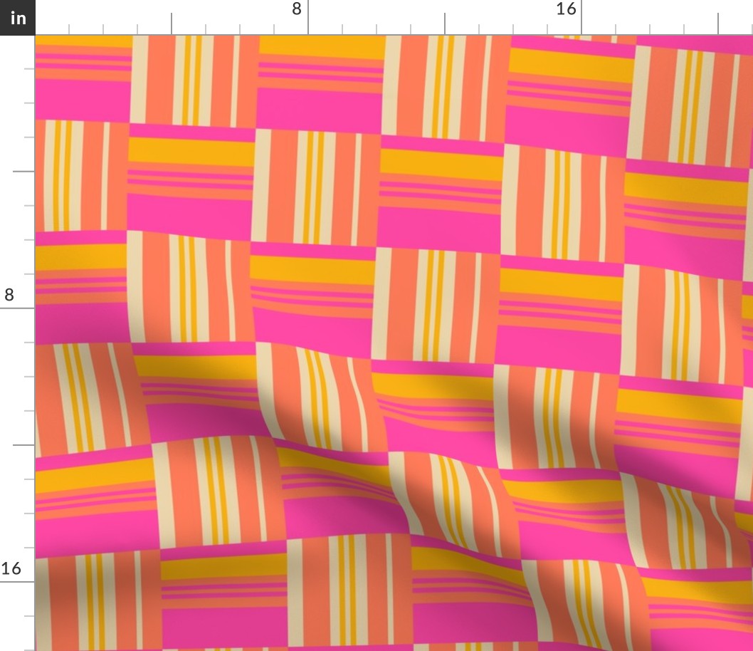 Warp and Weft Woven Abstract Geometric Checkerboard Horizontal Vertical Stripes in Hot Pink Papaya Orange Marigold Yellow Sand - MEDIUM Scale - UnBlink Studio by Jackie Tahara