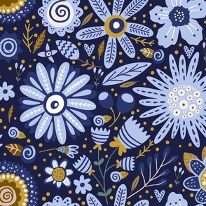 Positive ornate spring and summer colorful flower on blue.