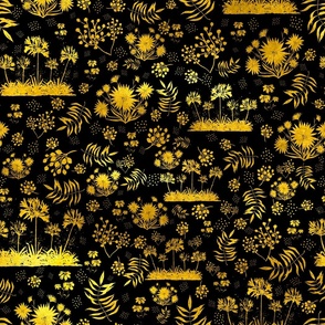 Golden Wildflowers Pattern Black
