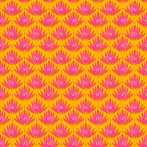 Poppy Yellow Orange Pink Fan Flowers Scalloped Damask Bright cheerful  small pattern 