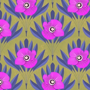 veri peri poppy peacock flower leaf fan damask tropical vibe pink green purple large pattern wallpaper medium 