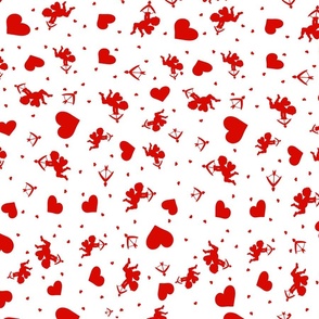 Cute Red Cupids Flying About with their Bows tossing Arrows on a White Background