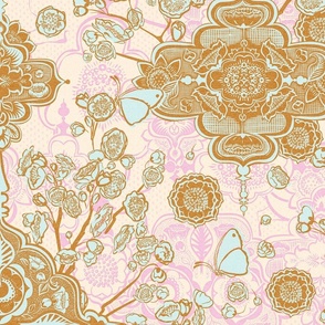 Delicate spring blossom damask with butterflies in pastel tones and pink