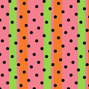 Pink background with colourful stripes and black dots.