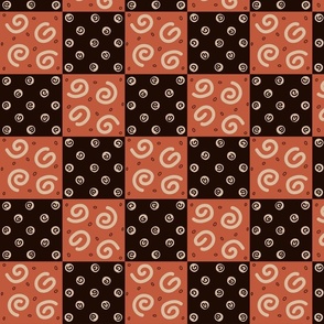 Black and brown checkered seamless pattern with circles and spiral.