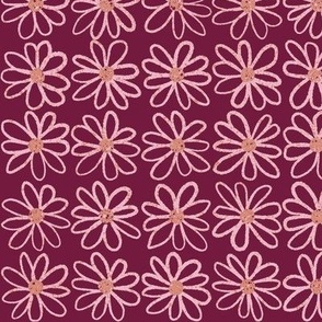 540 - Daisy grid floral pattern in deep burgundy and caramel with speckled texture, large scale for bedlinen, space table linen, space apparel, kids apparel and crafting