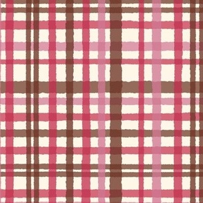 303 - Large scale Wonky plaid in berry pink, chocolate and cream, fine lines for apparel and soft furnishings