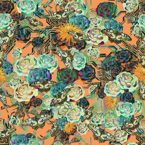 maximalist chinoiserie butterfly garden - psychedelic on apricot orange