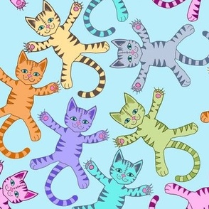 Flying rainbow tabby kitties on aqua