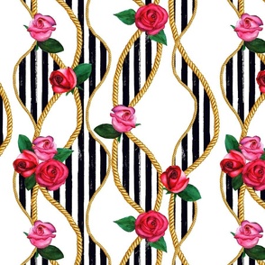 Golden chains, roses, stripes glamour watercolor pattern 