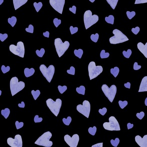 Very Peri Watercolor Hearts on Black Background - Large Scale