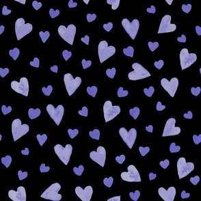 Very Peri Watercolor Hearts on Black Background - Medium Scale