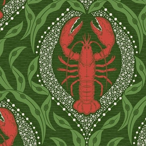 Lobster and Seaweed Nautical Damask - Christmas green red- large scale