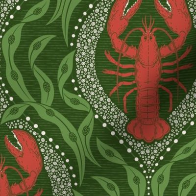 Lobster and Seaweed Nautical Damask- Christmas green red - medium scale