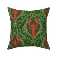 Lobster and Seaweed Nautical Damask- Christmas green red - medium scale