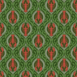 Lobster and Seaweed Nautical Damask - Christmas green red - small scale - 2 directional