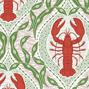 Lobster and Seaweed Nautical Damask - Christmas red green white- large scale