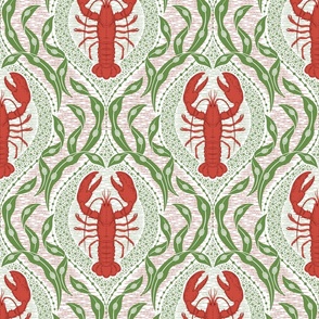 Lobster and Seaweed Nautical Damask - Christmas red green white - medium scale