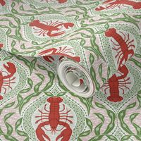 Lobster and Seaweed Nautical Damask - Christmas red green white - small scale - 2 directional