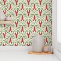 Lobster and Seaweed Nautical Damask - Christmas red green white - small scale - 2 directional