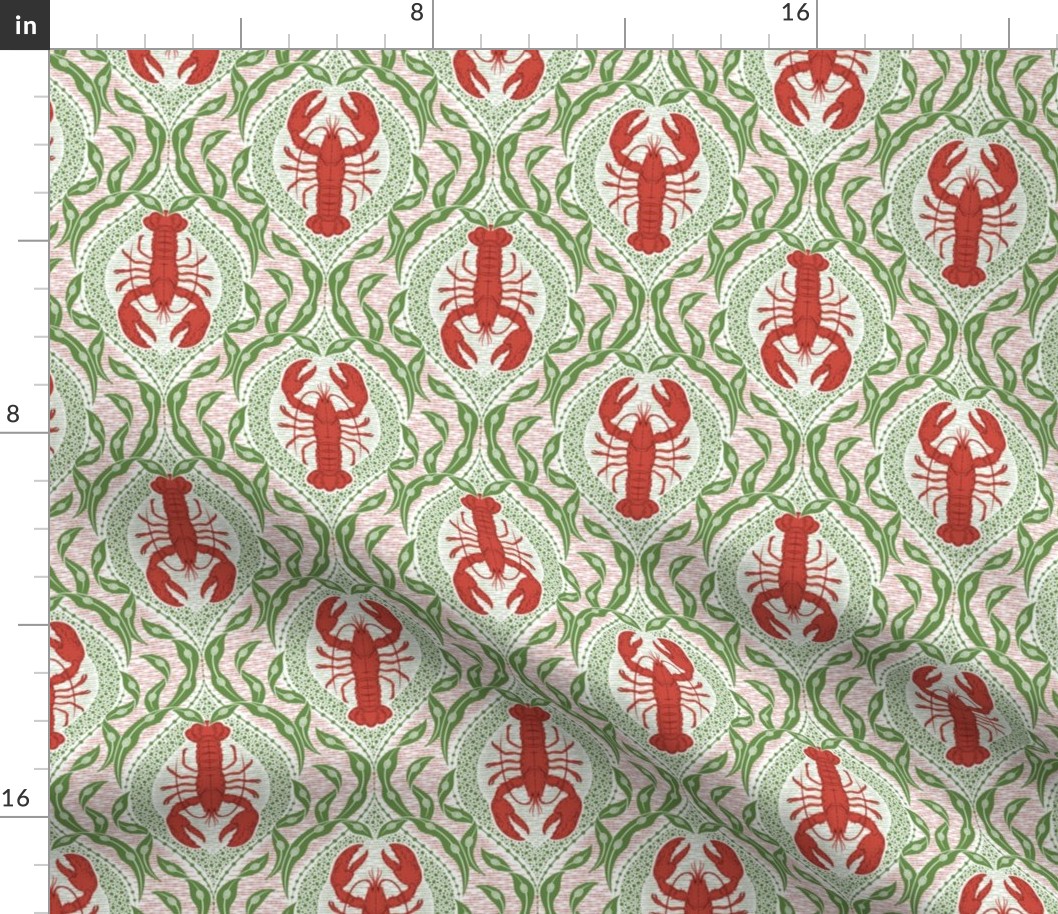 Lobster and Seaweed Nautical Damask - Christmas red green white - small scale - 2 directional