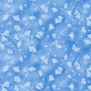 Ginkgo and Flower Sunprints on Shades of Cornflower Blue